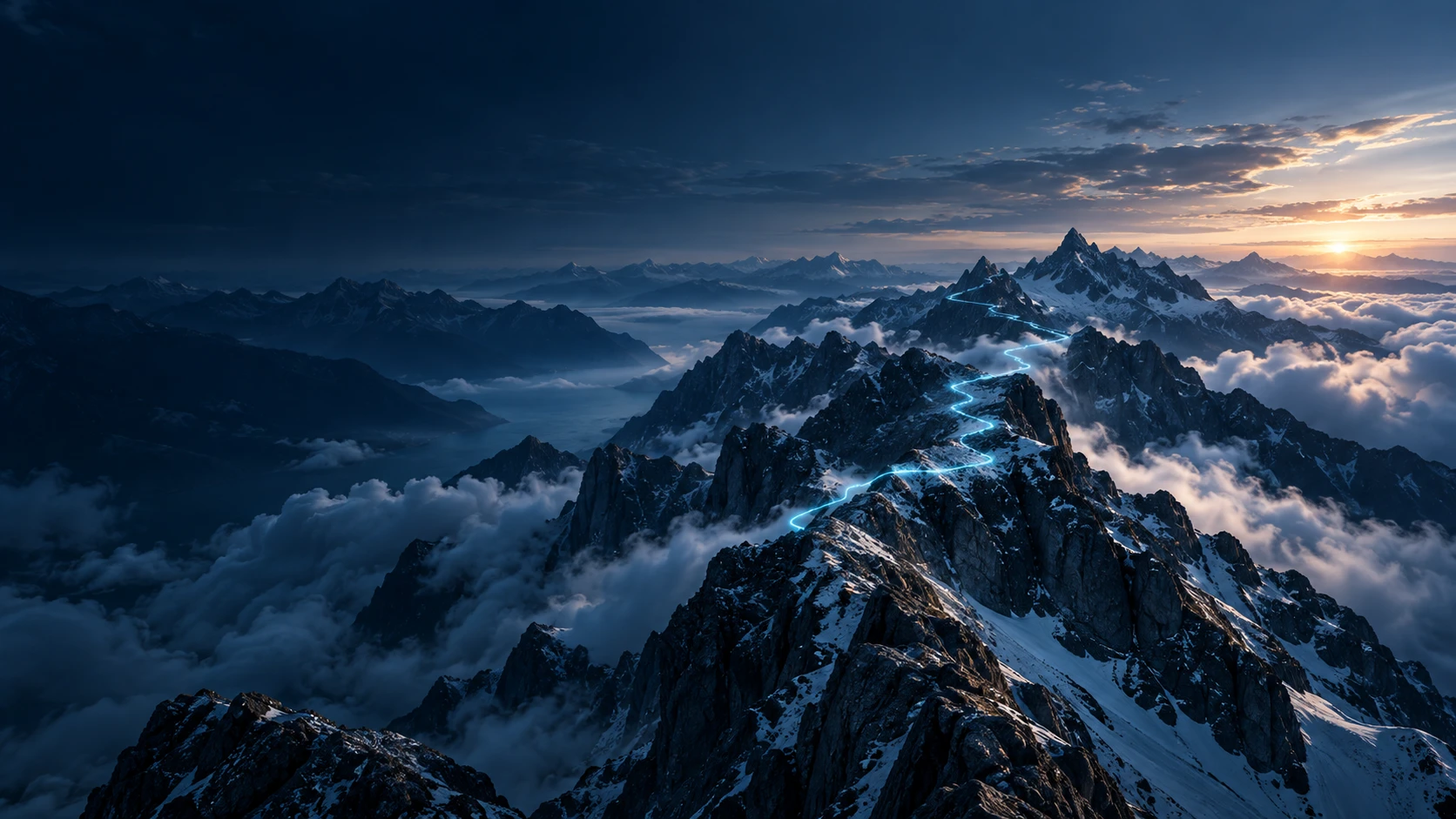 A mountain ridge above the clouds, traced by a soft blue light